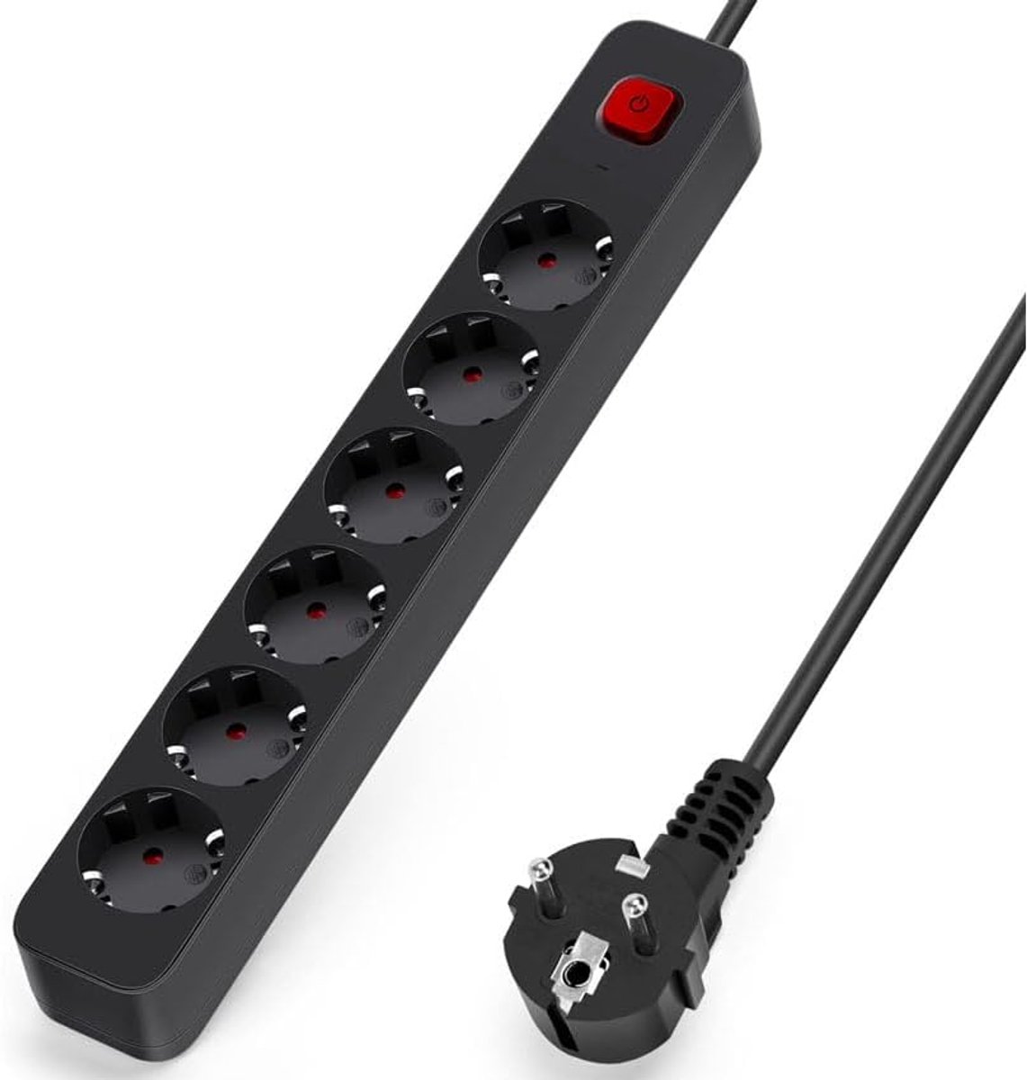 SnelShoppen - 6-Voudige Stekkerdoos met Schakelaar, 5 m, 3 G, 1.5 mm², Zwart, Ideaal voor Thuis, Kantoor, Camping en Kinderen