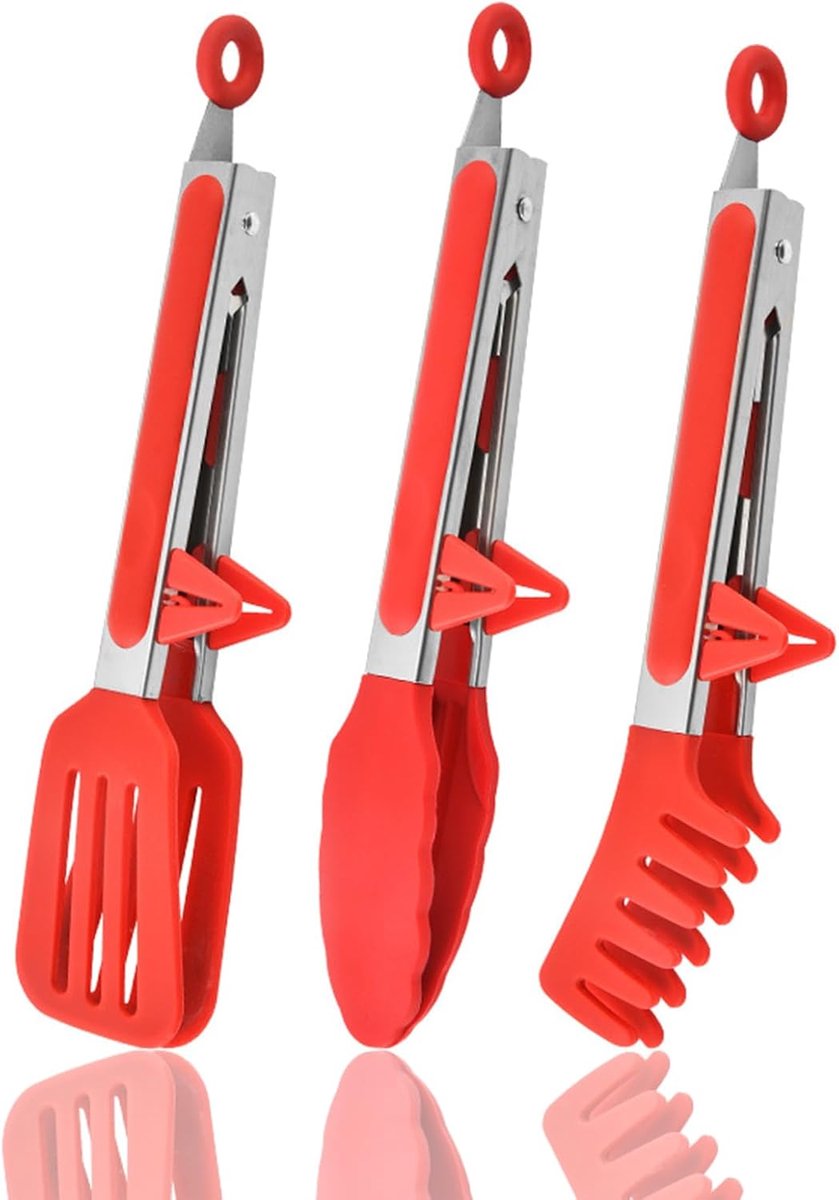 3 stuks keukentang, 26,5 cm siliconen keukentang, keukengerei van roestvrij staal, tang voor luchtfriteuse, voedseltang voor barbecue, salades, pasta en augurken