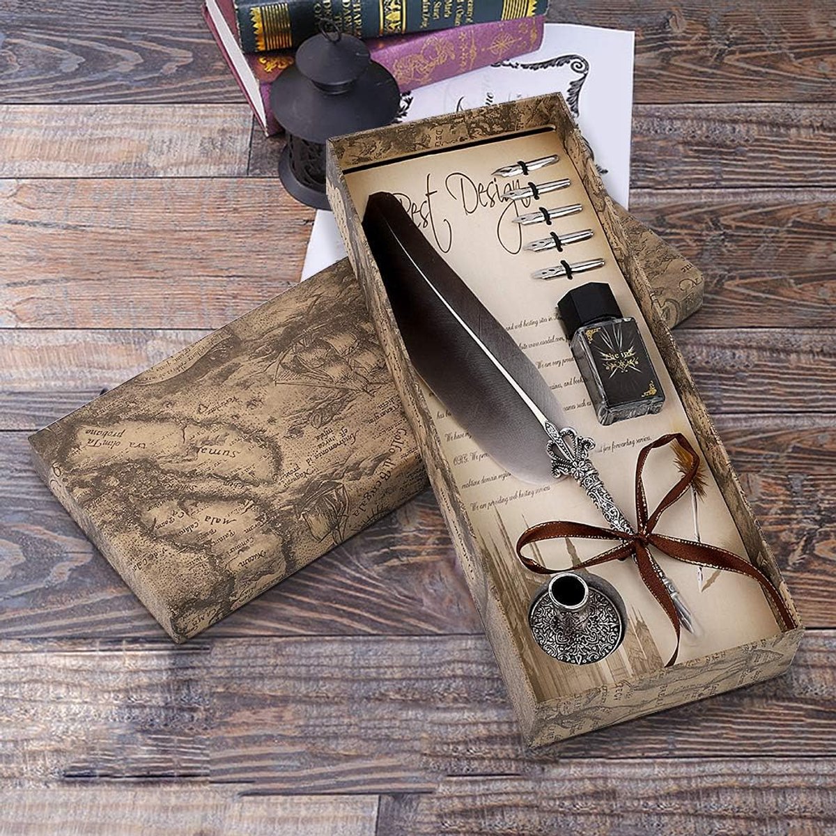 Quill Pen Set Vintage kalligrafie veer met 5 reservepunten en inktfles, handgeweven, antiek koper kalligrafie pen voor en antiek Desk Decor, zwart