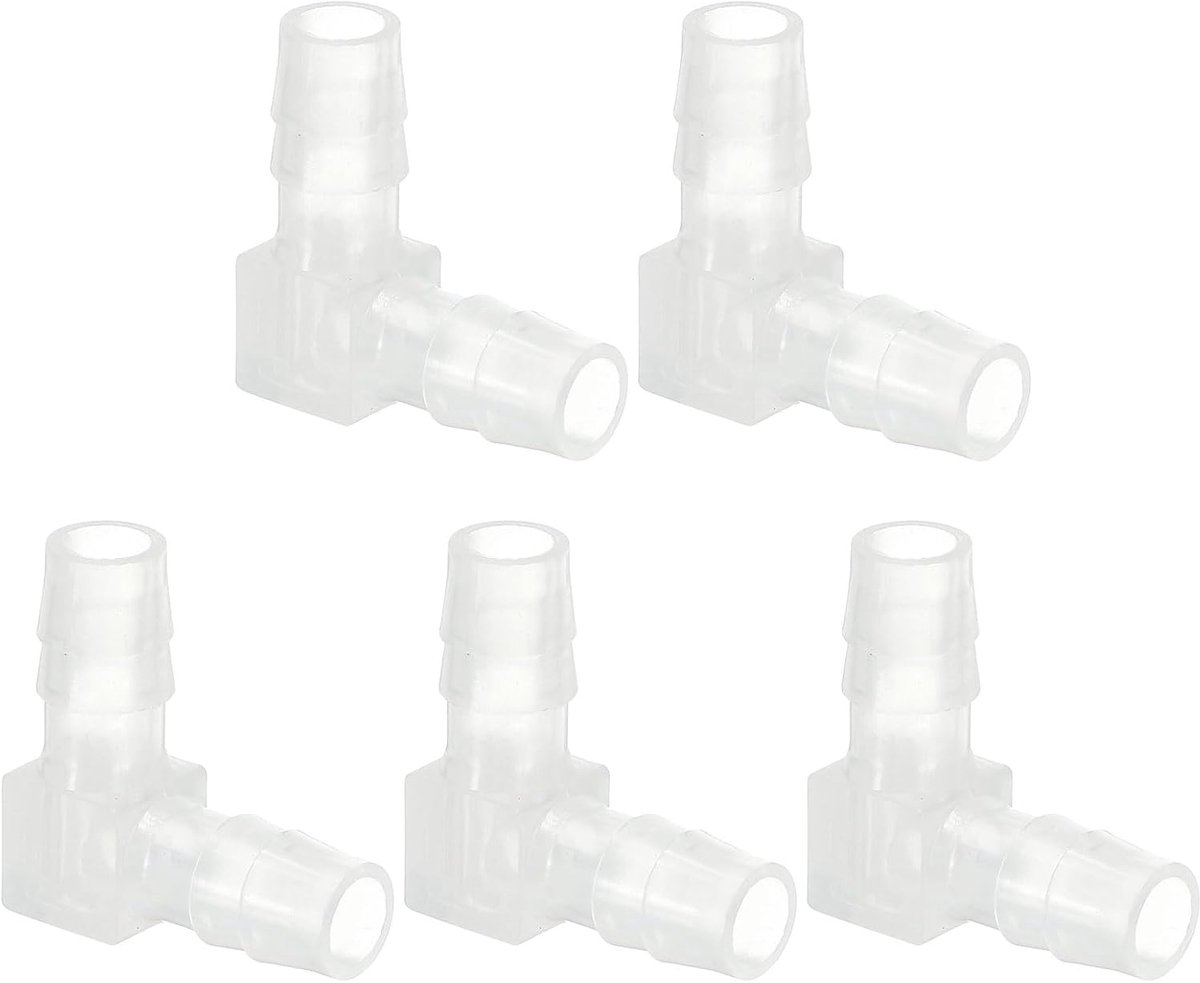 0,8 cm kunststof slangweerhaak 90 graden elleboog, 5-pack L-weerhaakfittingen 2-weg gelijke prikkeldraad verbindingsconnector splitser mender slangadapter unie-adapter voor aquariumbrandstof