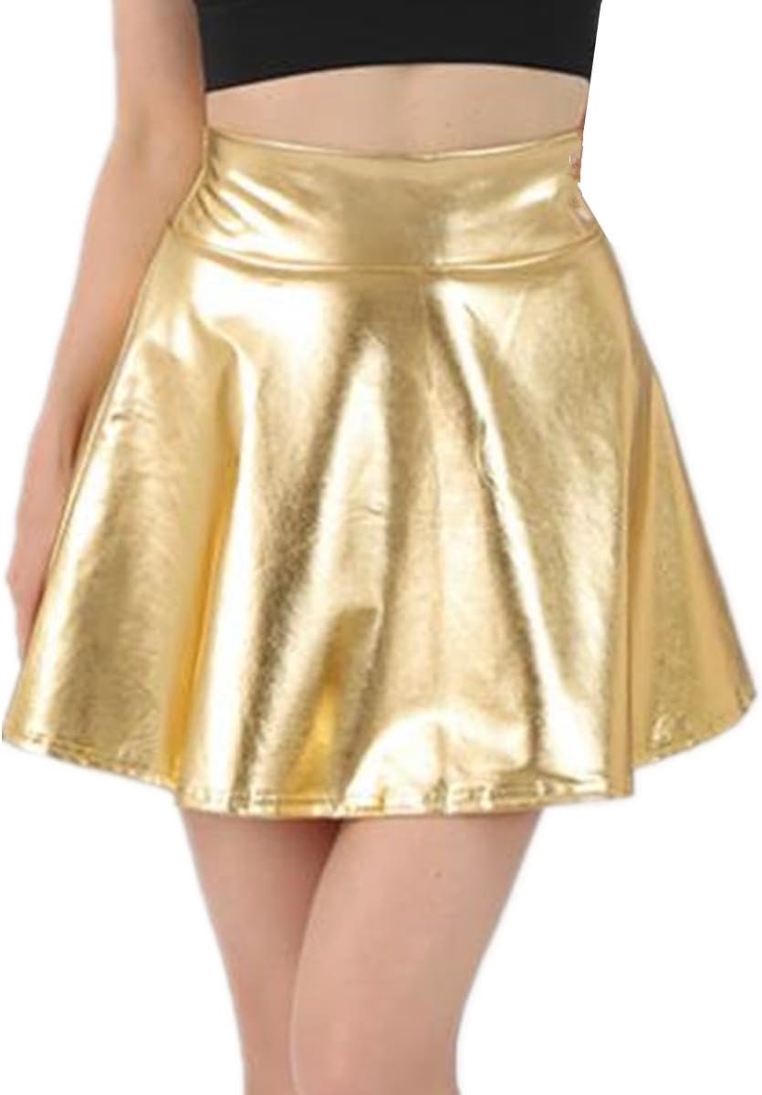Vrouwen Dames PU Lederen Mini Rok Sexy Hoge Taille Glanzende Metallic Rok Voor Party Cocktail Jurk Prestaties Kostuum, Goud, Eén Maat