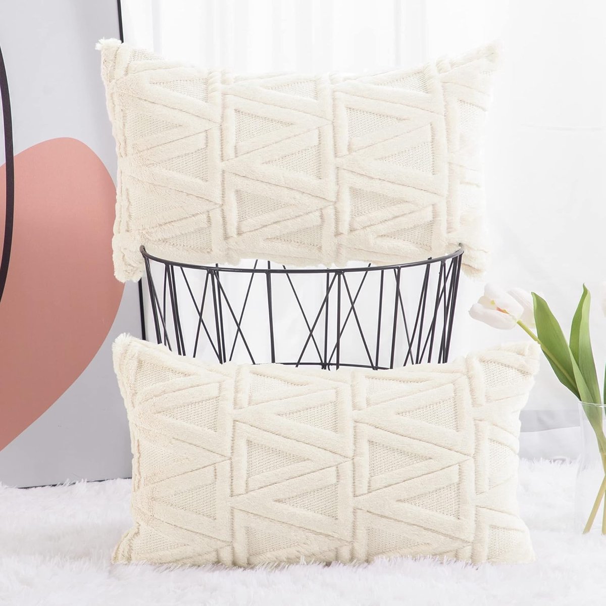 Set van 2 korte wol zachte pluche fluwelen decoratieve Kussenhoezen luxueuze stijl kussenhoes voor bank slaapkamer 40x80 cm Licht Beige