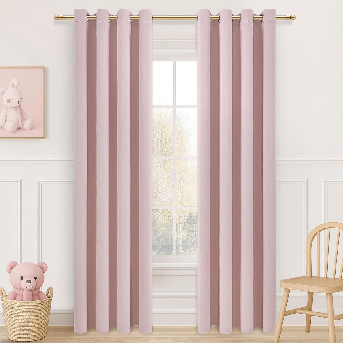 gordijnen met ringen, ondoorzichtig, lichtroze, set van 2 stuks, voor kinderkamer, meisjes, ondoorzichtige gordijnen, slaapkamer, 225 cm lang, 140 cm breed, verduisteringsgordijn, raamgordijn