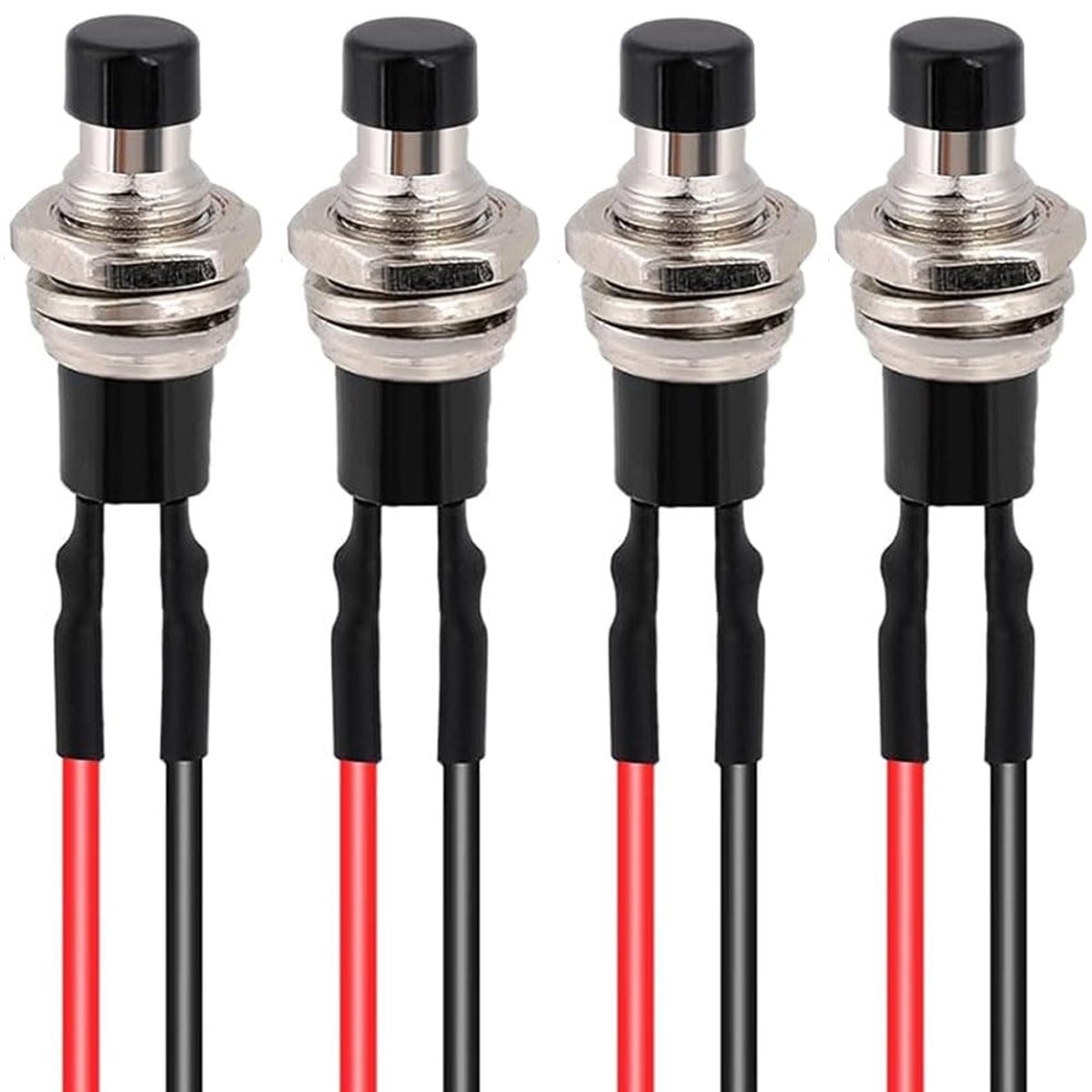 4 stuks 7 mm voorbekabelde mini zelfremmende drukschakelaar, ON/OFF 2-pins ronde drukknop voor auto, boot, Arduino DIY, AC 250 V/1,5 A, 125 V/3 A, mini-drukknop (zwart)