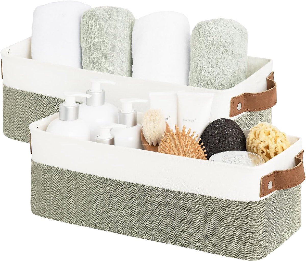 Smalle opbergdozen, lange opbergmanden voor het organiseren van je kledingkast, slanke opbergdozen met metalen frame, decoratieve plankbakken voor badkamer, groen en wit, set van 2 stuks
