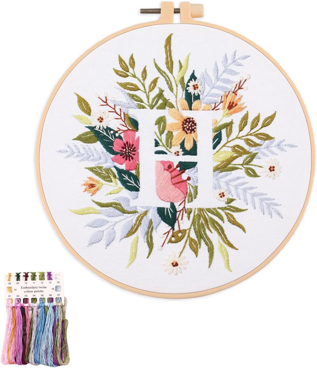 artcici Borduurpakketten Plant Bloem Letter C Patronen voor Beginners Volwassenen, Volledig Assortiment Borduurstarterkits Kruissteek Naaibenodigdheden (Letter H)