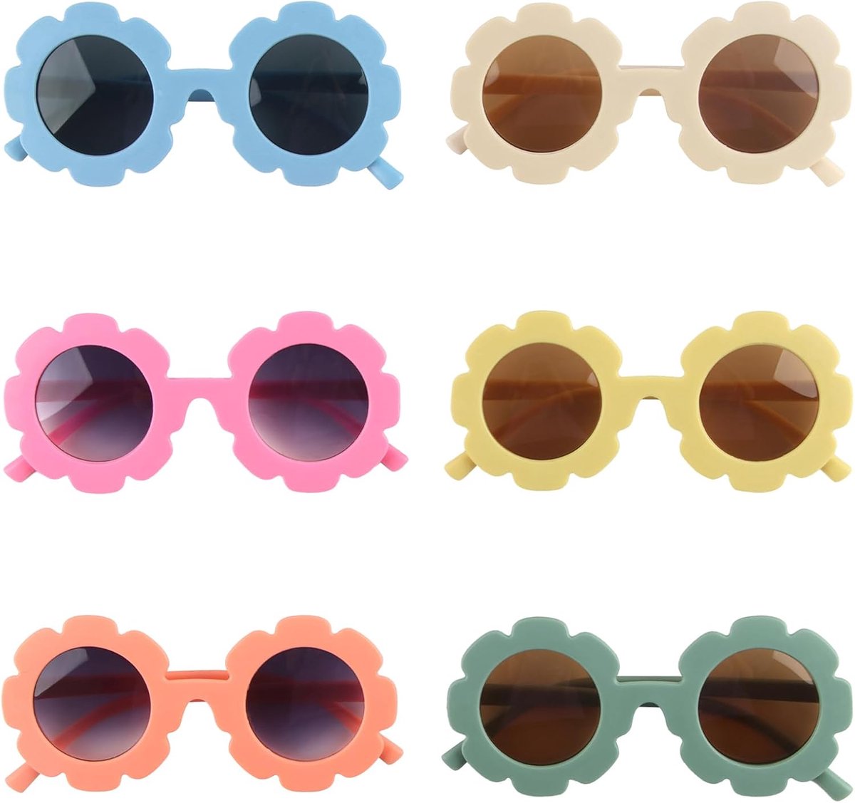 6 stuks kinderzonnebril, bloemenzonnebril, modieus, uv-bescherming, voor zomer, kinderen, meisjes, jongens, strandfeest, meerkleurig, geel, grasgroen, vuilwit, oranje, grijs-blauw, roze