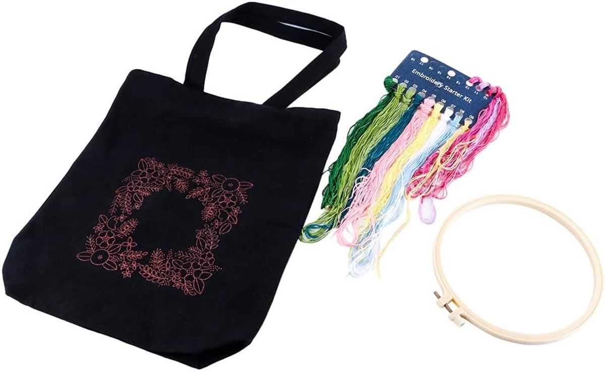borduurset voor linnen draagtassen, borduurset voor beginners met patroon en instructies, inclusief borduurzak met bloemenpatroon, borduurframe, kleurrijke draden en gereedschappen voor