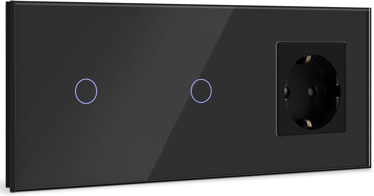 Dubbel Touch Lichtschakelaar met stopcontact,gehard glas paneel met LED-indicator,1 Voudig 1 Weg Touch Wandschakelaar -Geen Neutrale Draad 500W,16A Glazen Stopcontact Zwart