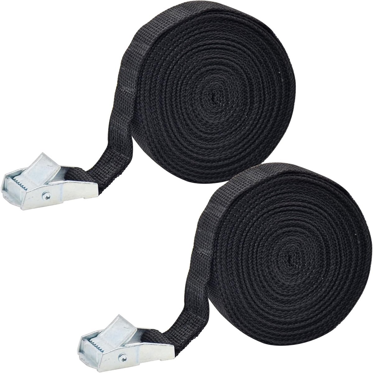 2-Pack Heavy Duty Sjorbanden, Verstelbare Spanbanden met Gesp, Duurzame Zwarte Spanriemen voor het Vastzetten van Vracht, Motorfiets, Vrachtwagens, Aanhangwagens, Bagage (25MMX5M)