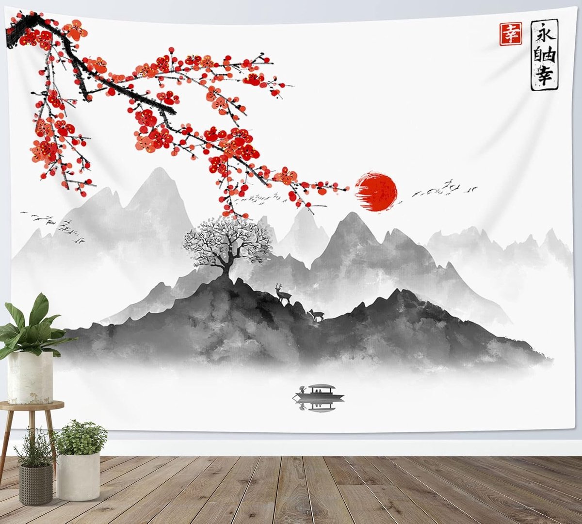 Wandtapijt Japanse grijze berg en rode bloem Tapijten Woondecoratie voor Woonkamer Slaapkamer Room Decor,150x100cm