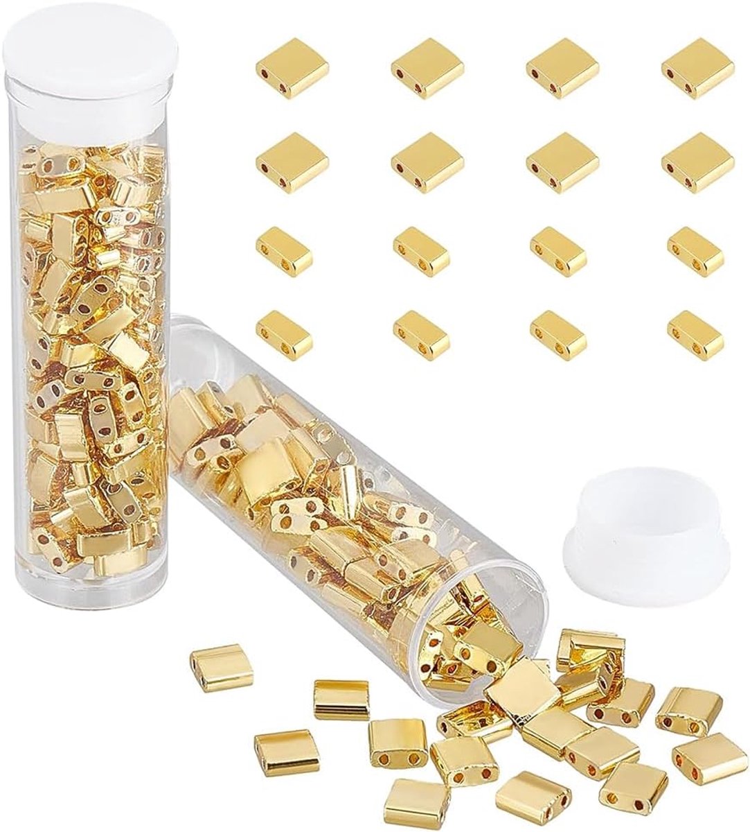 Kralen, 2 gaten, halve kralen, 5 x 5 mm/5 x 2 mm, glazen rocaillekralen, afstandhouder, rechthoekig, mini-kralen, Japanse glaskralen voor armbanden, halskettingen, goud