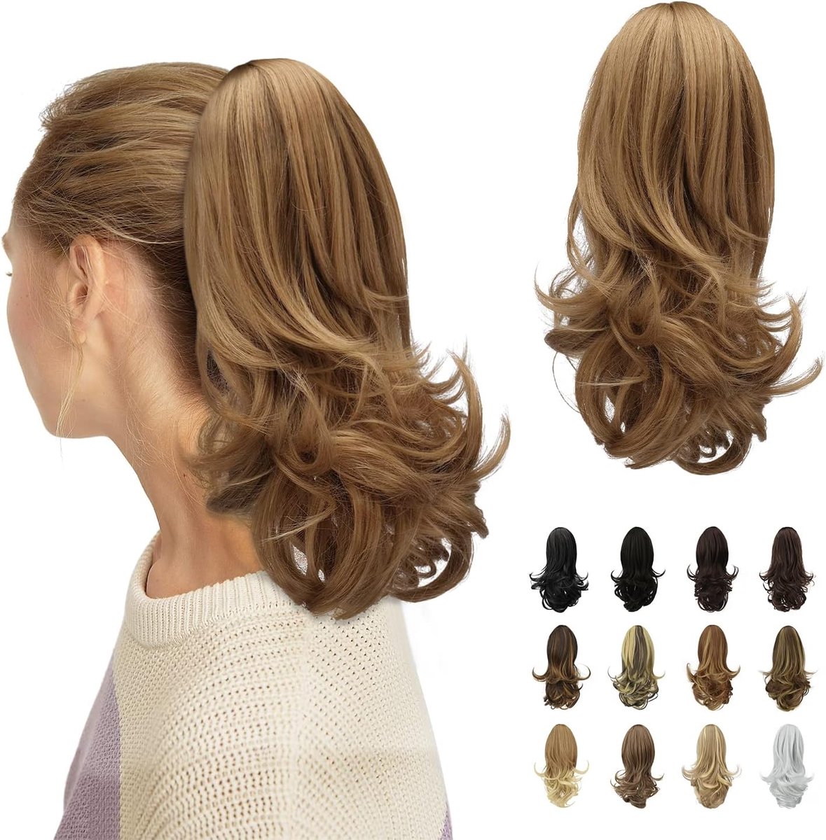 Paardenstaart Extensions met Klauw Clip, 33 cm Lang Krullend Haarextensies Paardenstaarten Clip in Haarstukken Synthetische Haarstukje Haarverlenging voor Vrouwen, Lichtblond mix Aardbeiblond