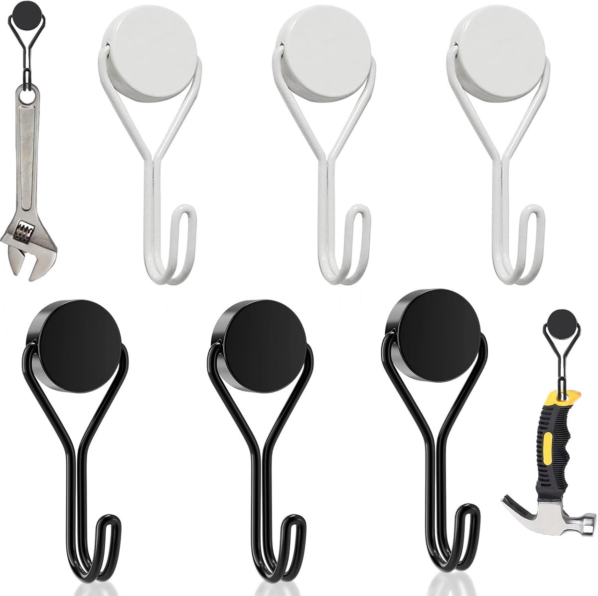 Magneethaken, 6 stuks, neodymium, draaibare magnetische haken, 16 mm magnetische haken, voor barbecue, keuken, kluisjes, kantoor, koelkasten, zwart en wit
