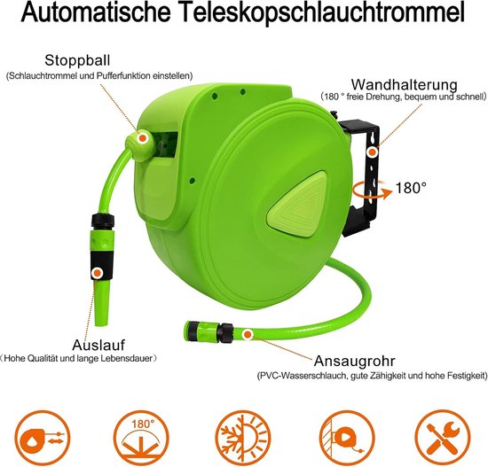 Slanghaspel 30+2m Waterslang Haspel met Handdouche Slangoproller 180° Draaibare Muurbevestiging Tuinslang Automatisch met Stopbal en Snelsluitkoppeling, Groen — afbeelding 2