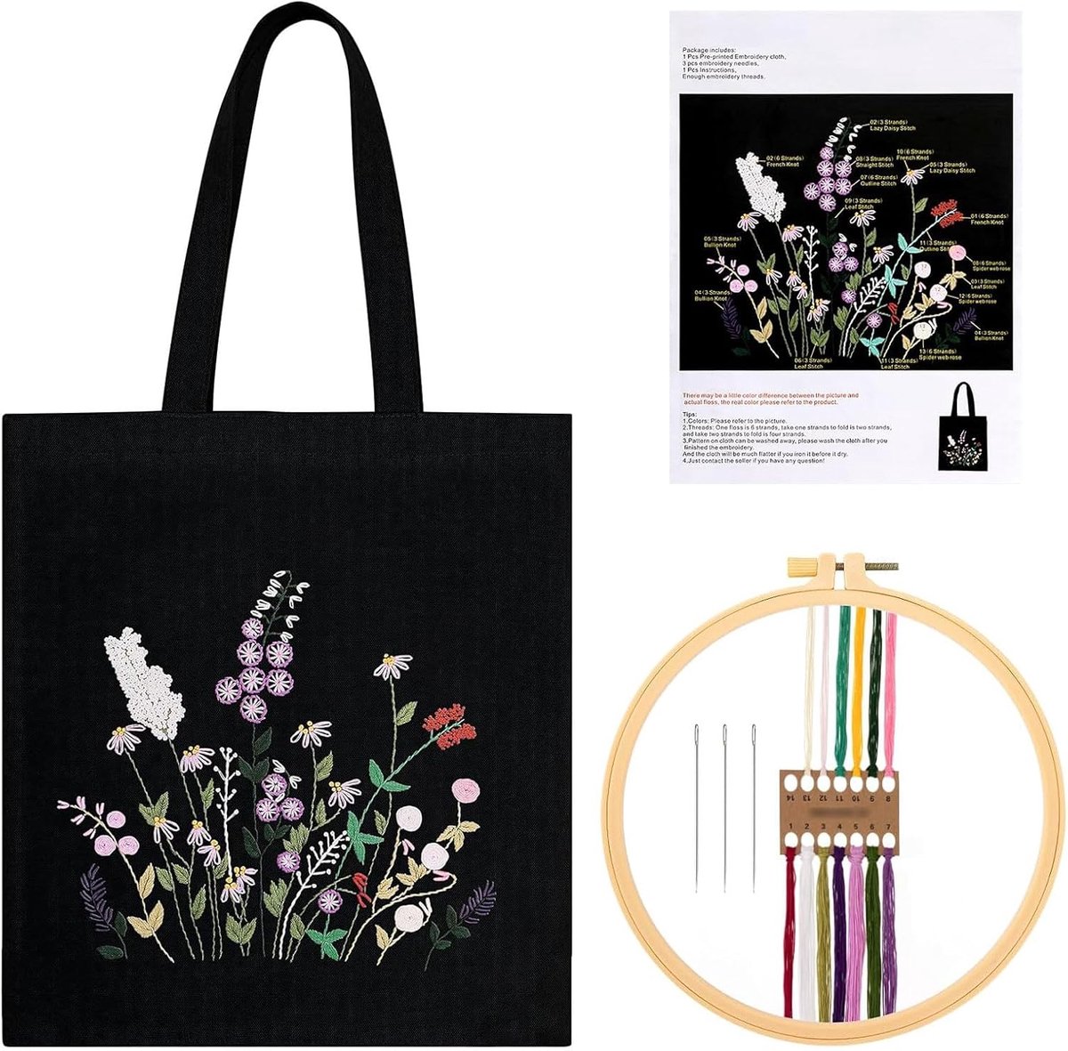 Canvas tas, borduurset voor volwassenen, borduurset inclusief handleiding, borduurframe, naalden en draden, borduurset voor beginners, doe-het-zelf borduurset tas voor individuele vormgeving