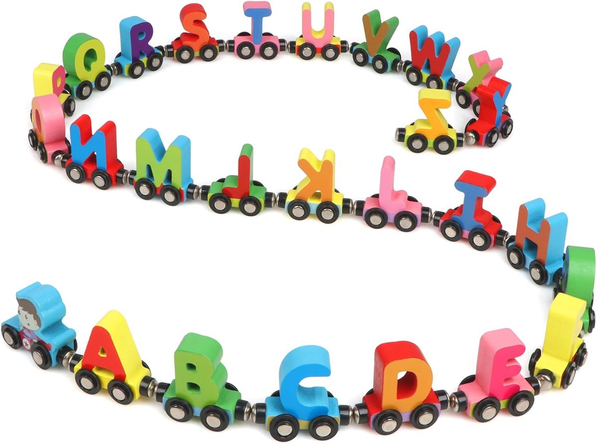 27 PCS Houten Alfabets Trein Set Inclusief 1 Motor Houten Magnetische Trein Auto Speelgoed