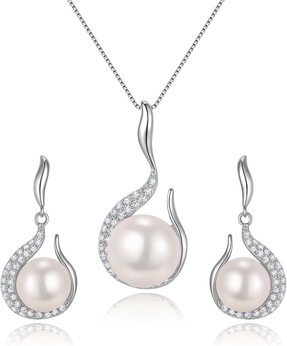FAITH® Bloemenknop ketting en oorbellen sterling zilver zirkonia zoetwaterparels AAA gekweekte zoetwaterparels, Stof Zilver, Parel Zirkoniumoxide Parel