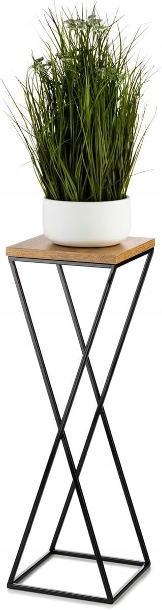metaal, zwart, 70 cm in loft-stijl, bloemenstandaard, hoge bloemenstandaard, zwarte bloemenstandaard, metalen bloemenstandaard, zwart met bovenkant Lancelot Oak MDF