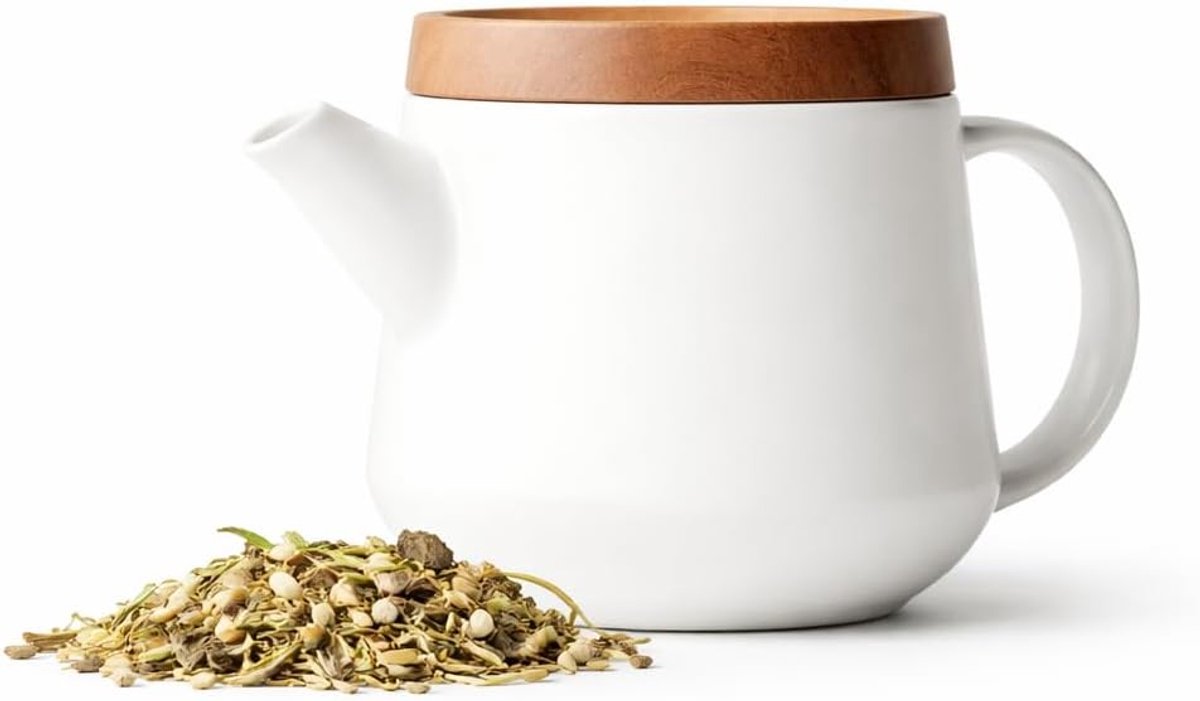 theepot met filter uit RVS met deksel, onderzetter uit acacia, wit, 600ml