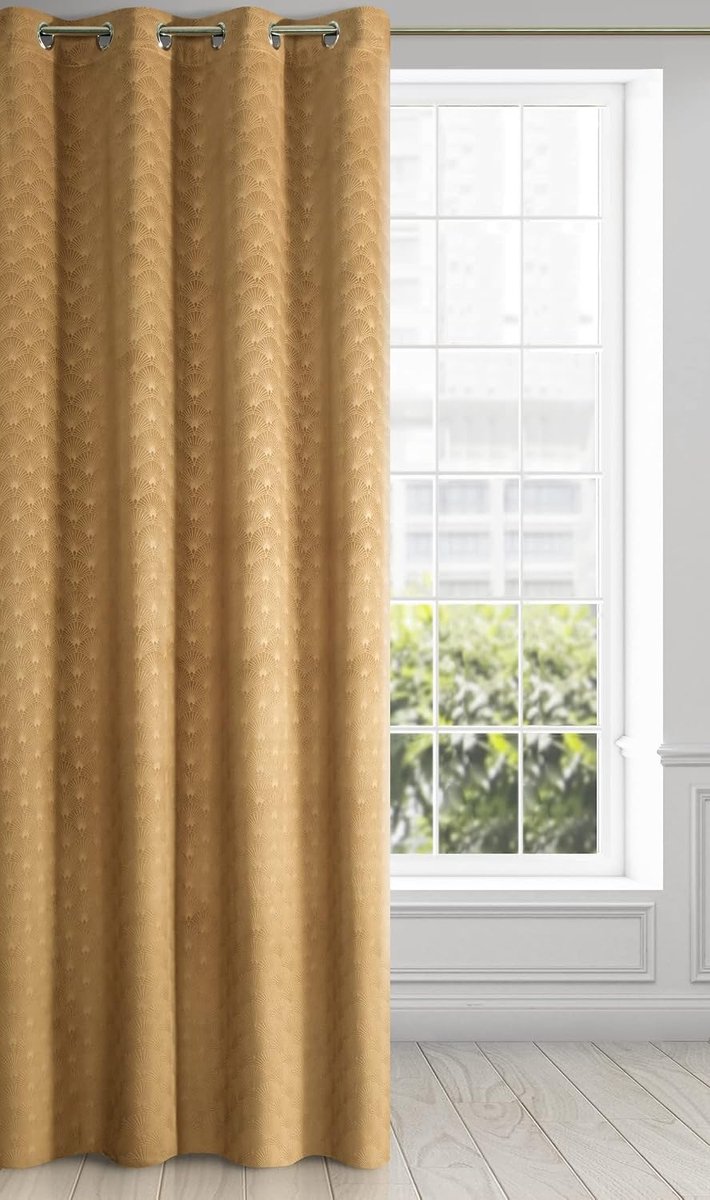 Fluwelen gordijn, geometrisch waaierpatroon, met inslagringen, 1 stuk, gordijn, balkondeur, patroon, fluweel, effen, wollig, modern, woonkamer, slaapkamer, 140 x 250 cm, 3D-structuur, goud,