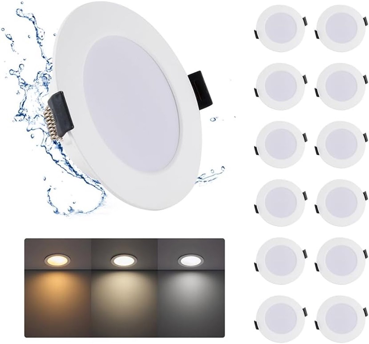 12 Stuks LED Inbouwplafondlamp IP44 12W 3CCT 1080LM Zaagmaat Ø120-130mm | Grebeam LED Downlight 230V Badkamerspot voor Binnen, 3000K/4000K/6000K Led Inbouwspots voor Badkamer, Keuken, Woonkamer