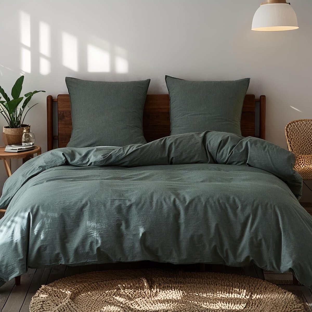 Beddengoedset, 100% gewassen katoen, zacht en aangenaam slaapcomfort, Öko-Tex-gecertificeerd, dekbedovertrek en kussenslopen (155 x 220 cm, 1 x 80 x 80 cm,groen)