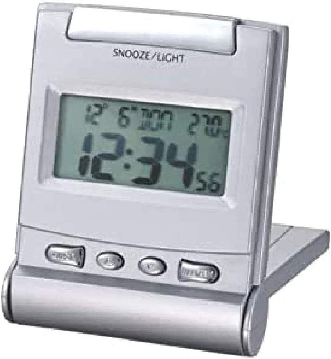 techno line Reisewecker WQ 170 mit Innentemperaturanzeige sowie Datums-/ Wochentagsanzeige und Duo-Zeitmodus, Silber, 69 x 20 x 90 mm