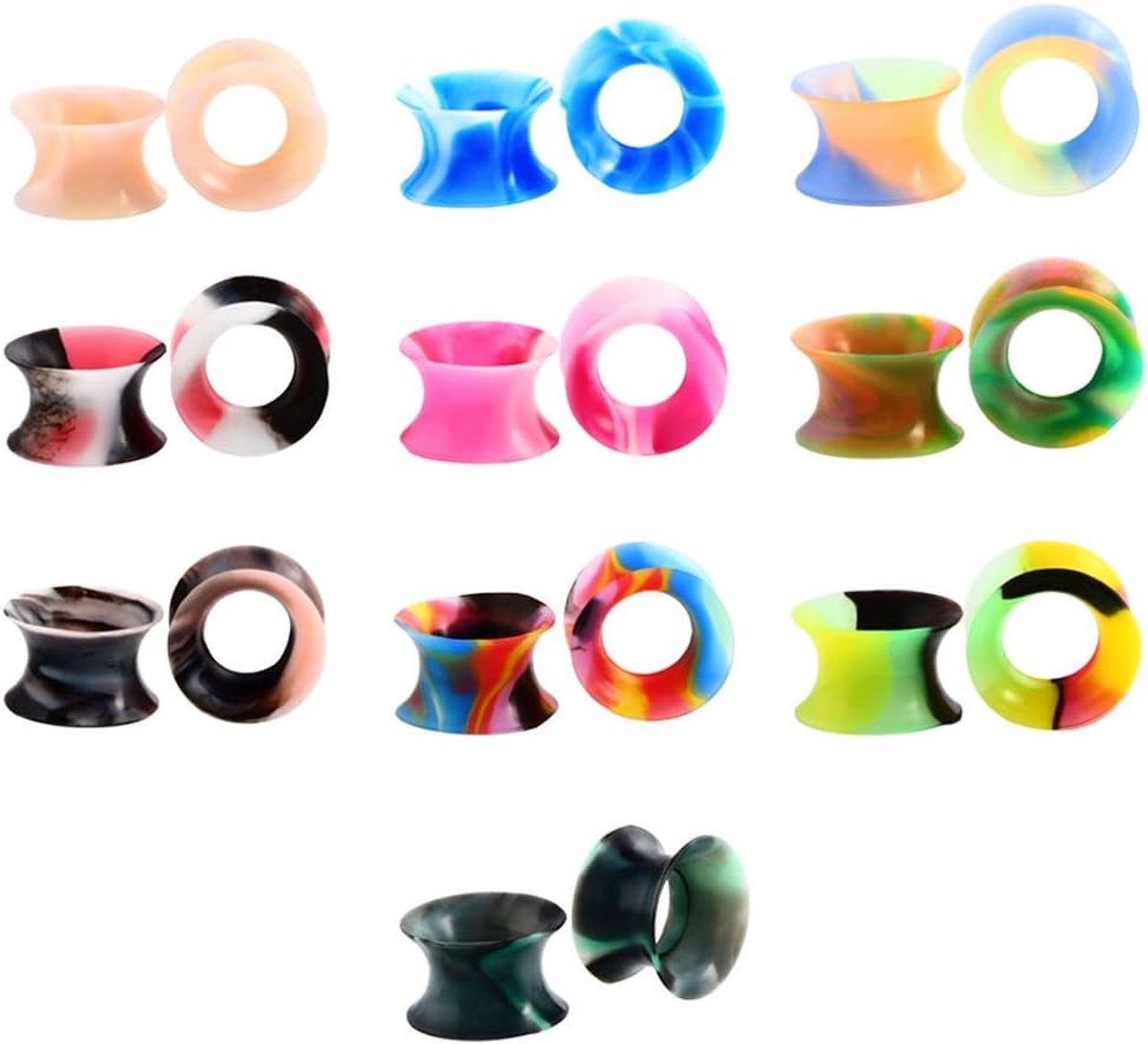 Silicone Tunnel Set 20 Stuks 6mm - 16mm Super Dun met Multicolored Marbling Flexibele Klassieke Buntader Tunnels Dubbele Flared Plug Punk Unisex