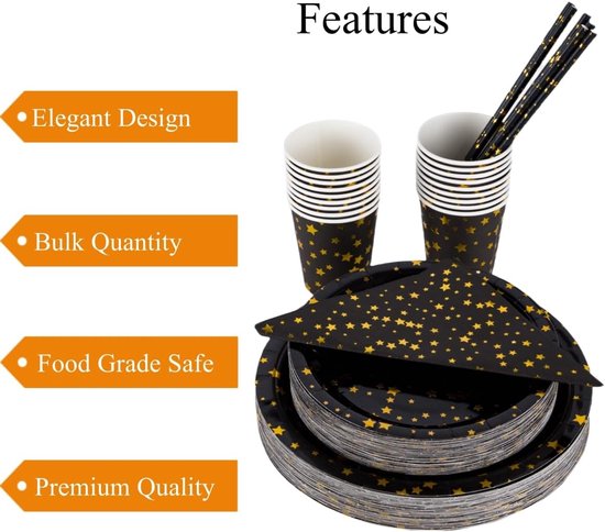 50 Gasten Zwart en Gouden Feestbenodigdheden Set, Zwart Goud Sterren Papier Servies, Wegwerp Party Servies Set - Inclusief 9" Borden, 7" Platen, Servet, Beker, Stro, 250 STKS — afbeelding 3