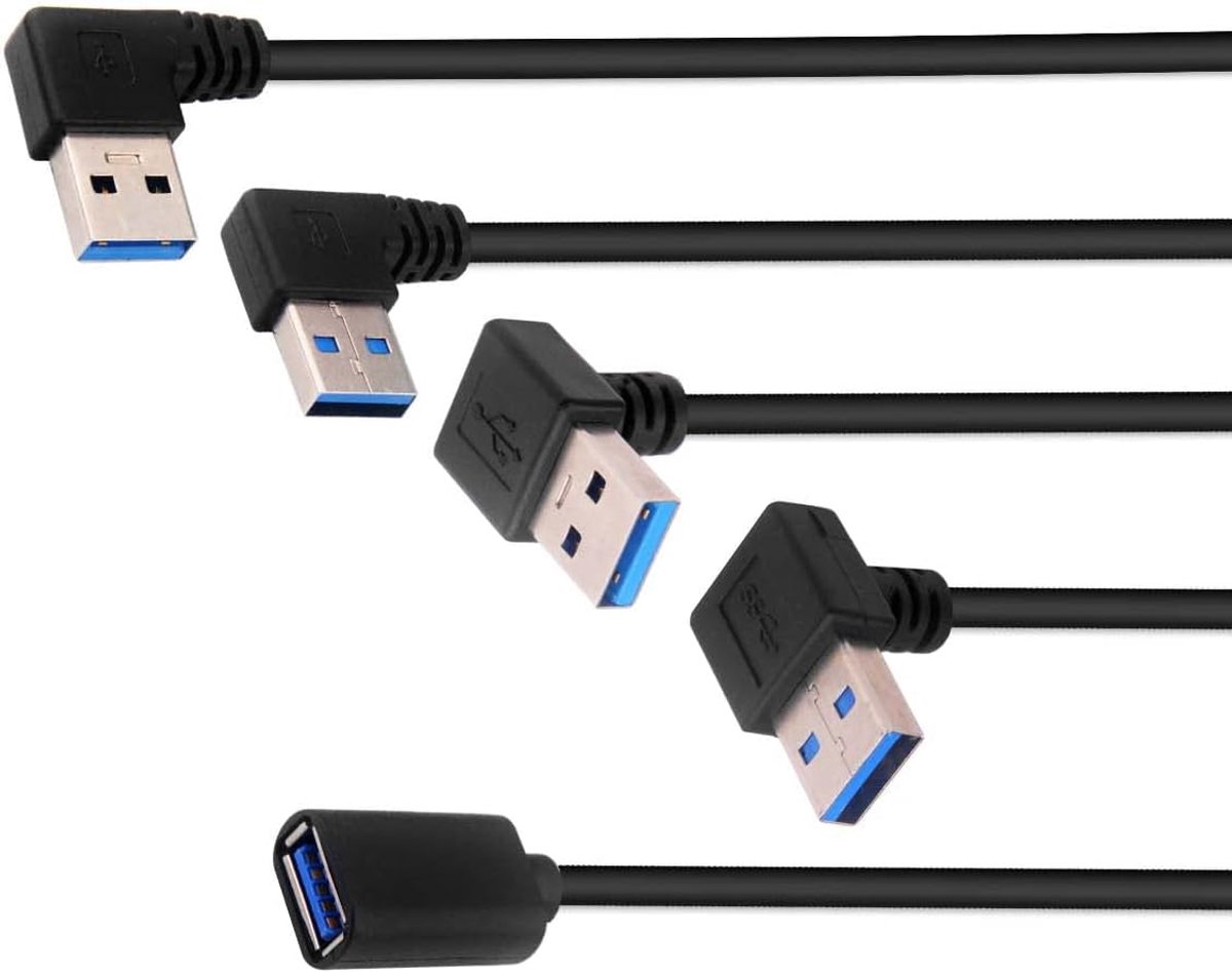 USB-Adapterkabel, 90 Graden Haakse Stekker 3.0 Adapter Naar Links/Rechts/Boven/Beneden - 30 cm, 4 Stuks