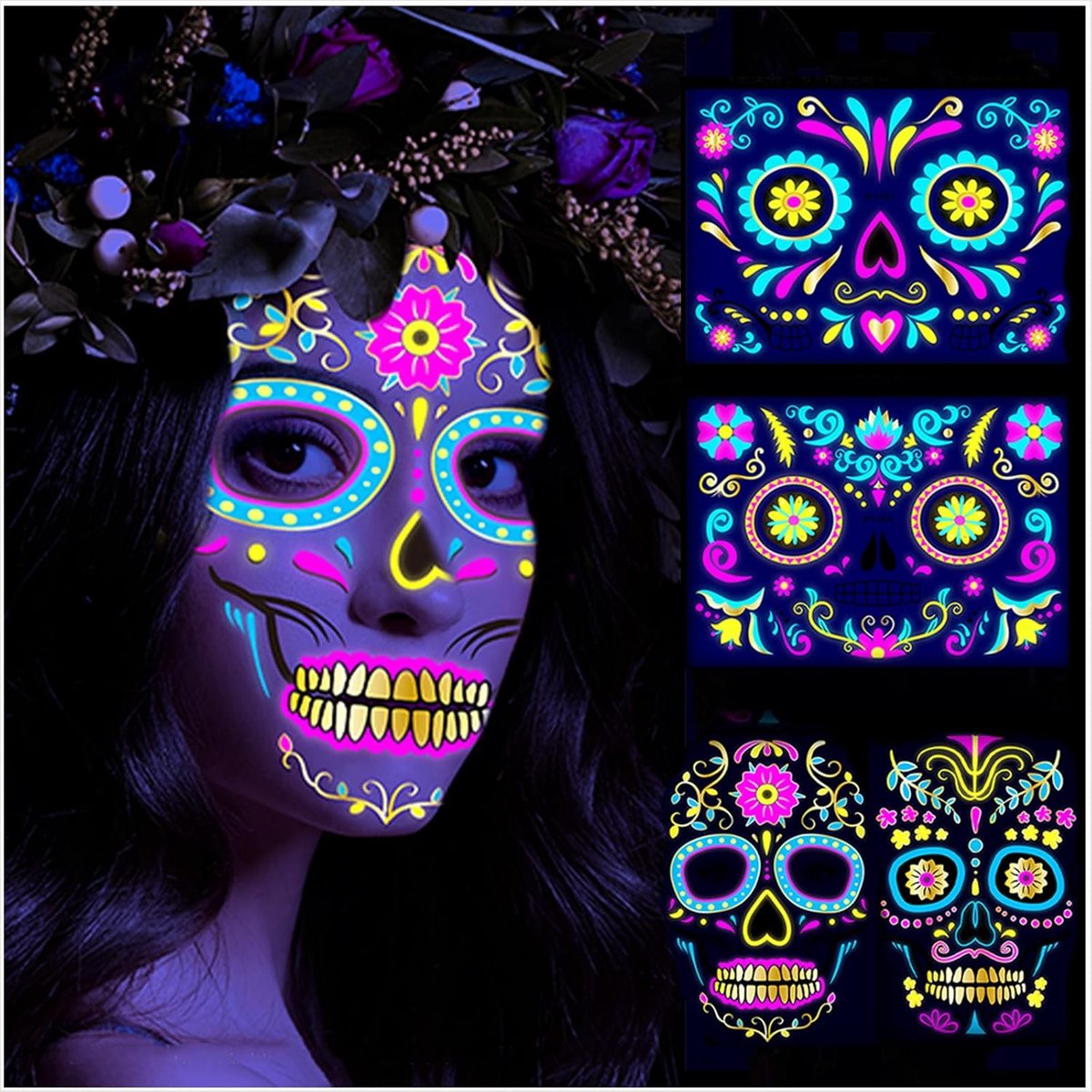 4 vellen Halloween tattoostickers gezicht oplichtend Dia De Los Muertos gezichtstattoo kostuum heren dames make-up accessoires Glow in the Dark Day The Doden Skelet Tijdelijke Face Tattoos