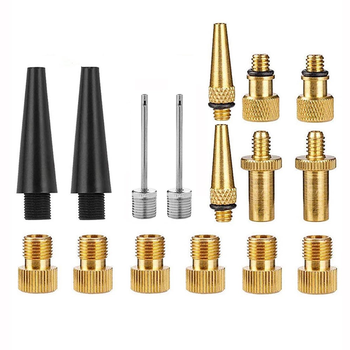 16 STKS Messing en Klep Adapter Fiets Tire Valve Adapters Bal Pomp Naaldadapters Kit Inflatie Apparaten en Accessoires geschikt voor standaard pomp of Luchtcompressor, Geen Verkleuring DV AV SV Valve