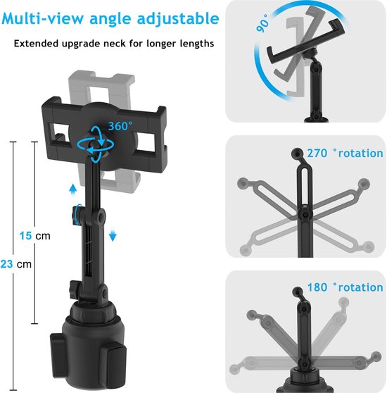 Bekerhouder Tablethouder, Bekerhouder Auto Tablet Mount | met Verstelbare Arm voor iPad Pro Air Mini, Galaxy, Lenovo, Fire, iPhone, 4-13" Telefoons en Tablets — afbeelding 2