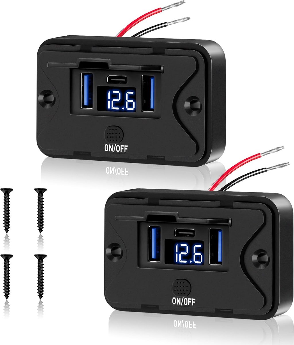 2 stuks 72 W USB-oplaadaansluiting 12 V autolader met voltmeter Dual QC3.0 USB & PD3.0 type C mobiele telefoon snellader waterdicht met schakelaar voor 12 V/24 V caravan, auto, motorfiets