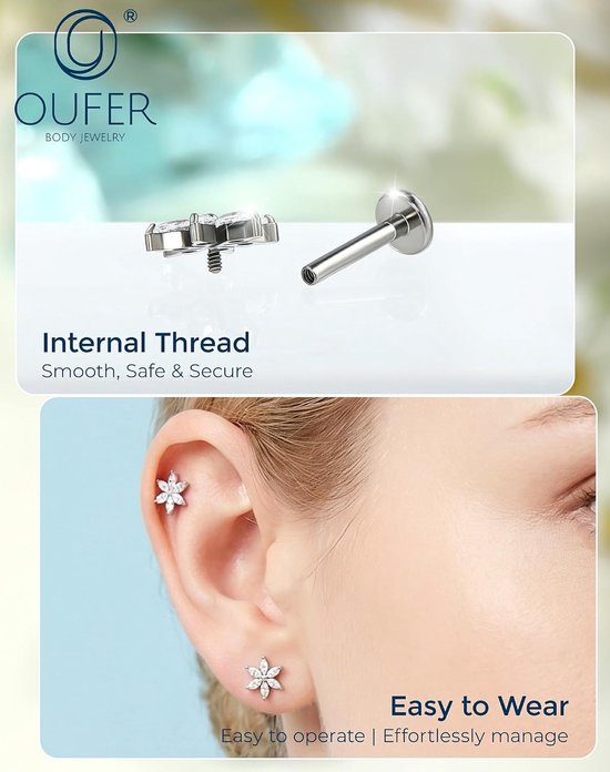 16G bloem helix ring goud binnendraad conch piercing ring titanium G23 lippiercing helder CZ kraakbeen oorpiercing 6/8 mm helix tragus piercing lichaamspiercing — afbeelding 3
