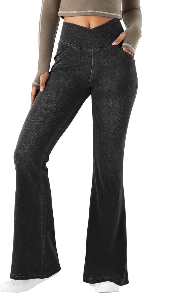 Vrouwen V Crossover Hoge Taille Tummy Control Casual Fitness Skinny Yoga Broek, Faux Denim Print Vrouwen Bootcut Yoga Broek, Uitlopende Fitness Broek met Zij Zakken