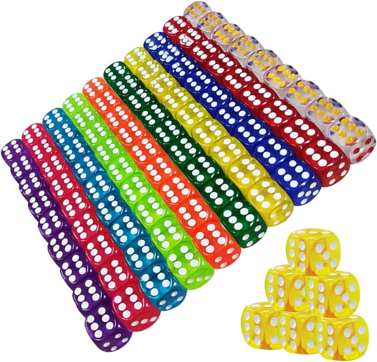 100 Stuks Transparante Dobbelstenen Set - Zeszijdige Kleuren Dobbelstenen voor Tafelspellen, Kaartspellen, Spel en Feest (A)
