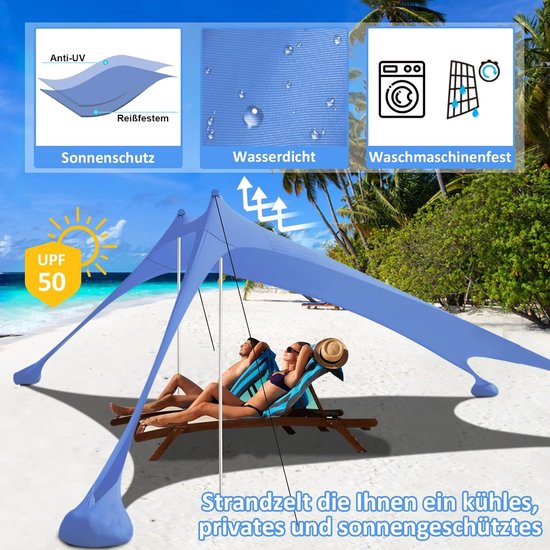 Ruime strandtent met zonbescherming, 3 bij 3 meter, inclusief grondankers en stabilisatiestangen voor strand en camping — afbeelding 2