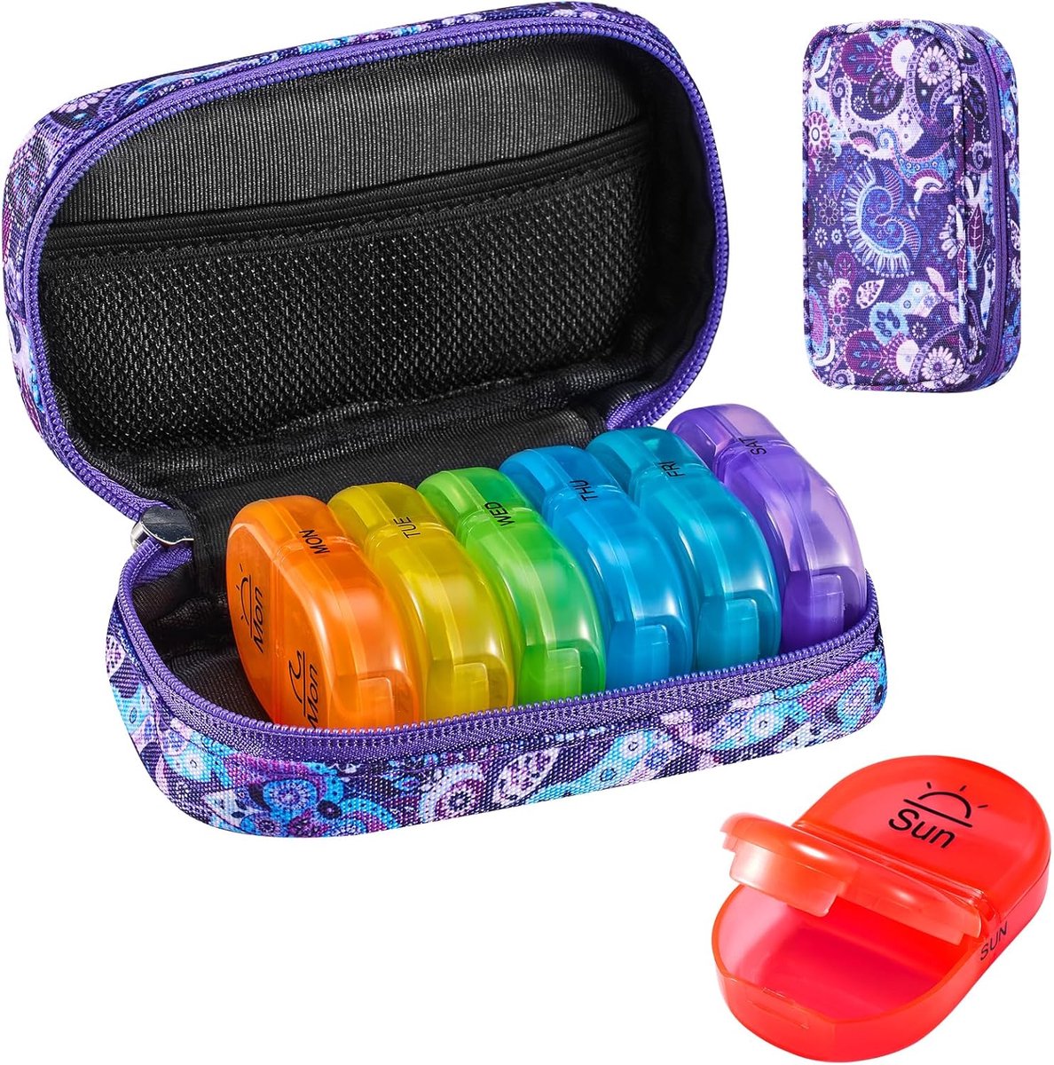 SnelShoppen - Weekly Pill Box Organizer - 7 Dagen - 2x Dagelijks - Tablet Organizer - Regenboog Pillenbox - Draagbaar met Canvas Etui - Paars