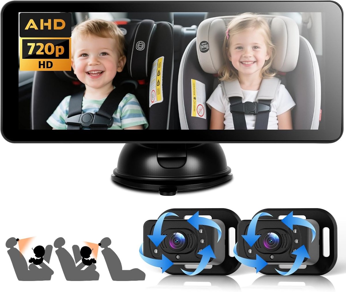 SnelShoppen - Dual Baby Car Camera met 6.86 Inch Split Screen, HD 720p, 360° Rotatable, Nachtzicht, Veiligheids Spiegel Camera voor 2 Kinderen, Suctio