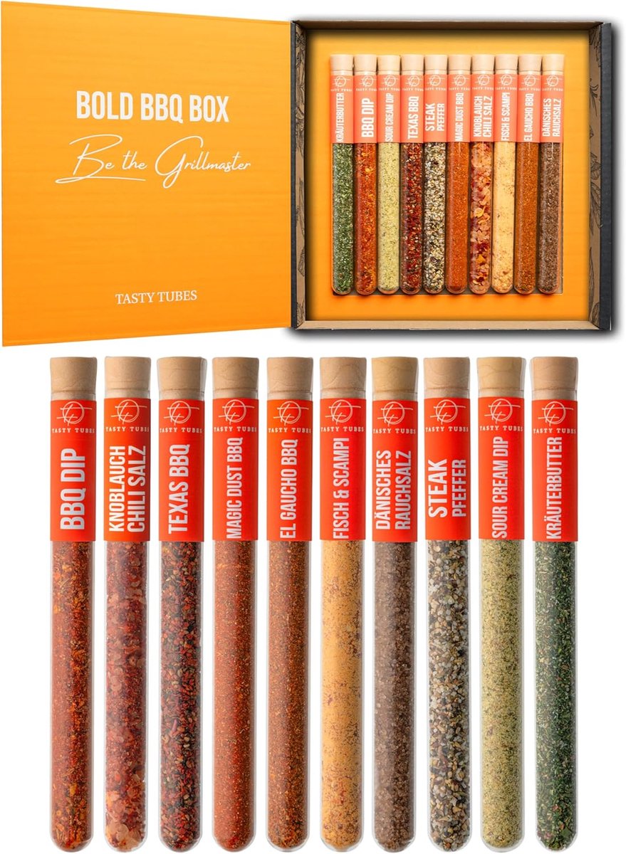 SnelShoppen - Tasty Tubes BBQ Spice Box - 10 Premium BBQ Mixes in Glazen Tubes - Perfect voor Grillmasters, BBQ Liefhebbers, Dip & Kruidenboter Mixen,
