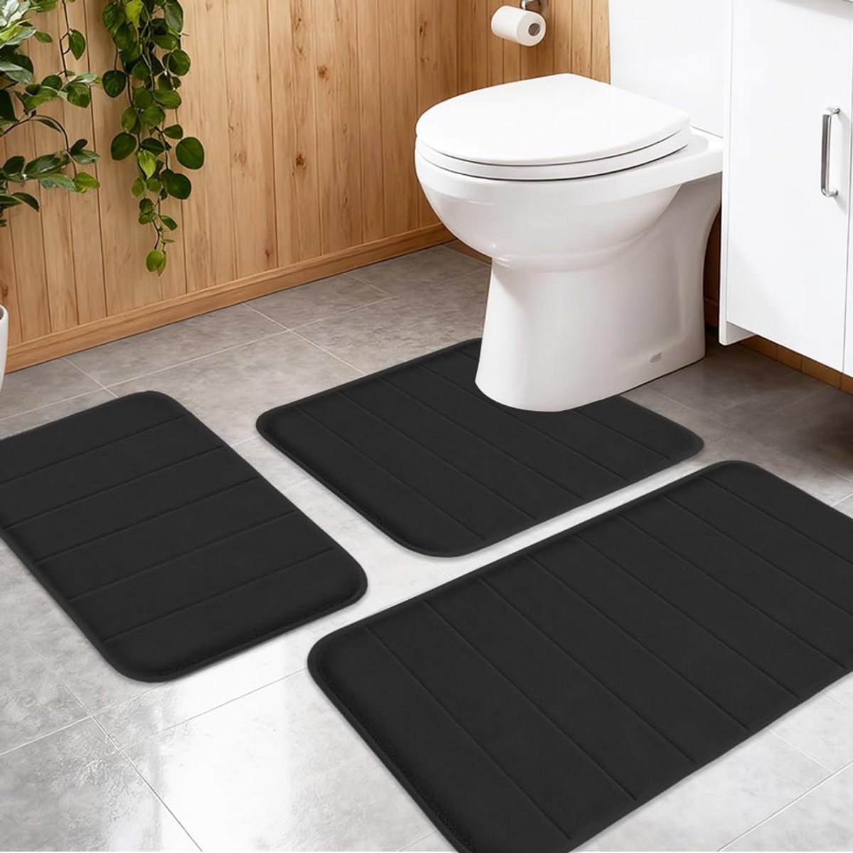 SnelShoppen - 3-Delige Badmat Set met Antislip, Zacht en Sneldrogend, Wasbaar voor Badkamer, Douche en Toilet, 50x80 + U-Vormig 50x60 + 40x60 cm (Zwar