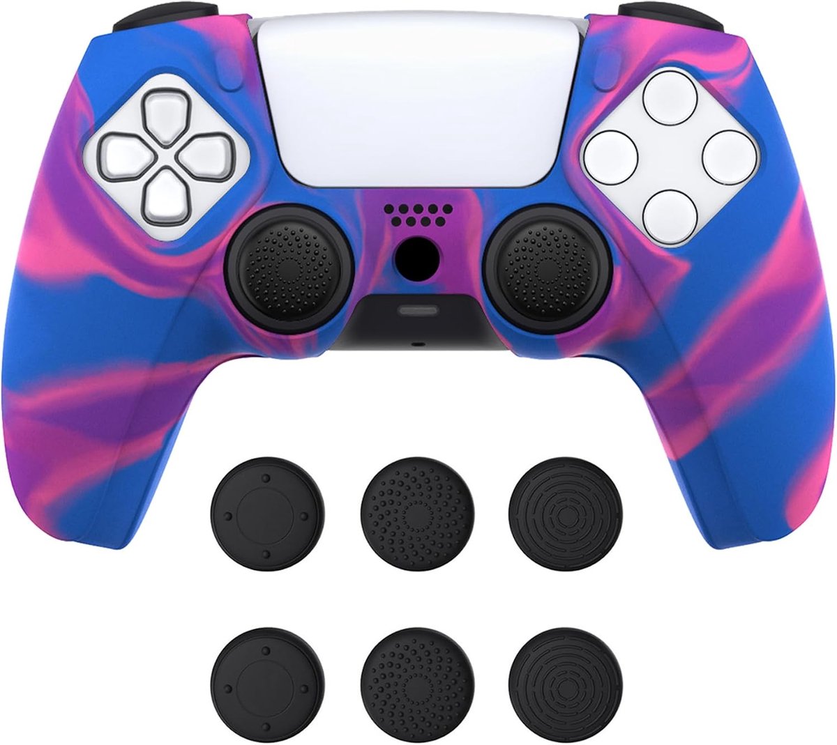 SnelShoppen - Silicone Cover Skin voor PS5 Controller - Non-slip Grip Case met 6 Inch Grip Caps - Dockable Model in Roze, Paars & Blauw - Beschermende