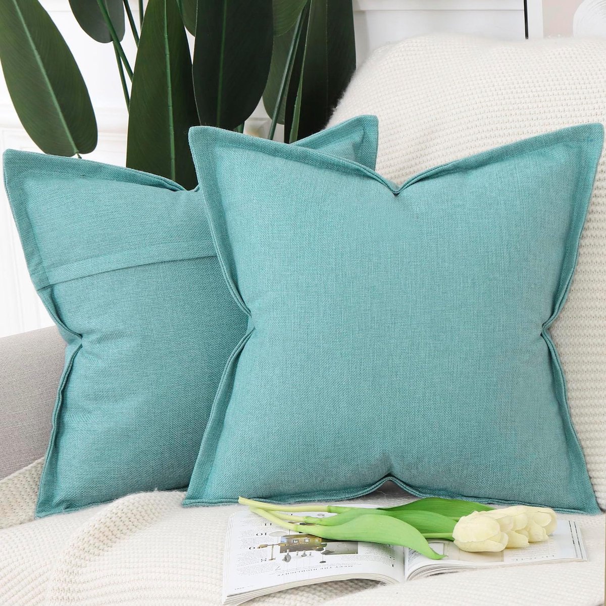 SnelShoppen - Set van 2 Imitatie Linnen Kussenslopen 45x45cm Turquoise - Zachte Decoratieve Kussenhoezen voor Sofa en Slaapkamer met Breed Randje - Du