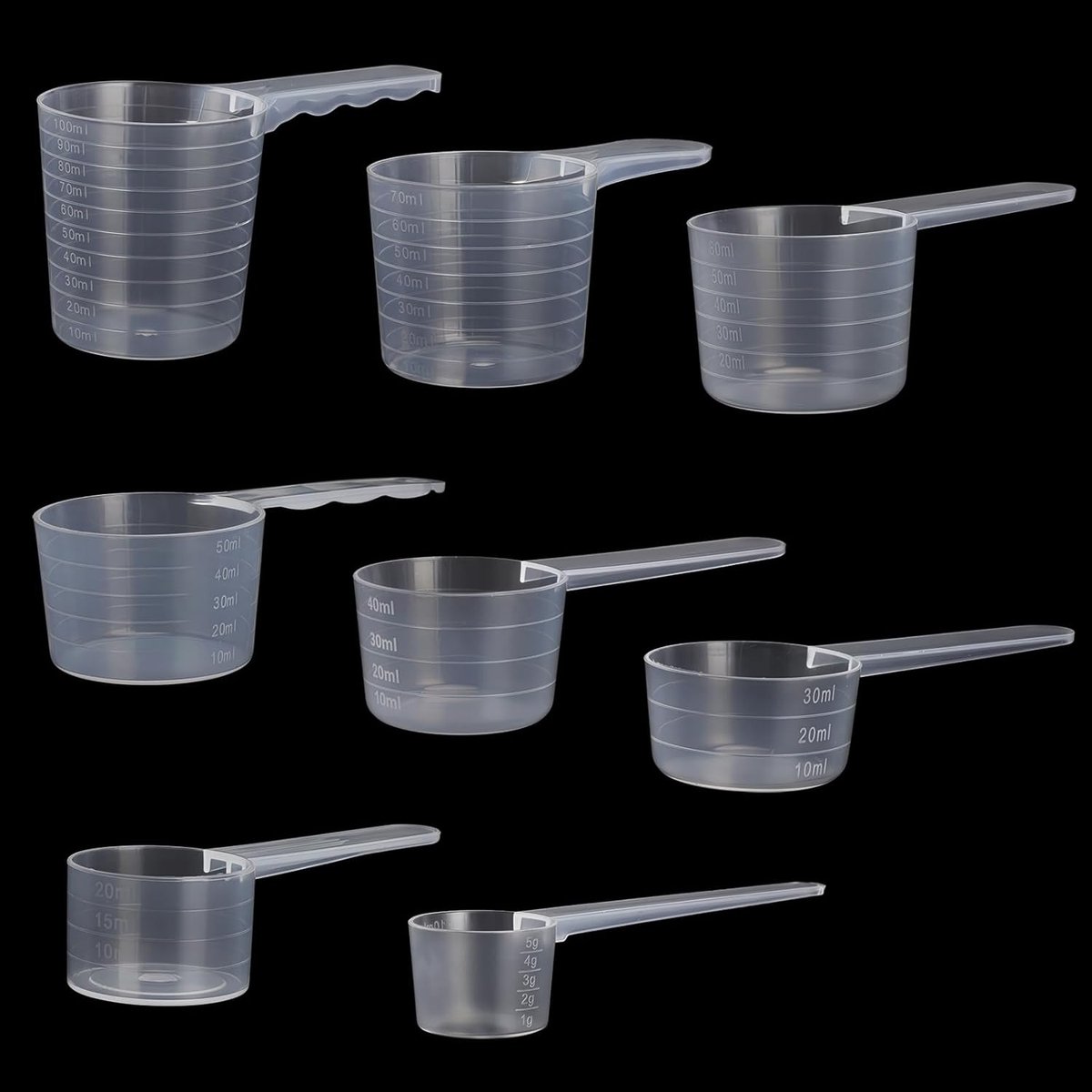 SnelShoppen - 8-Delige Maatlepel Set - Transparante Plastic Maatbekers - 5g, 10g, 15g, 20g, 25g, 30g, 50g - Perfect voor Afmeten van Poeders, Vloeisto