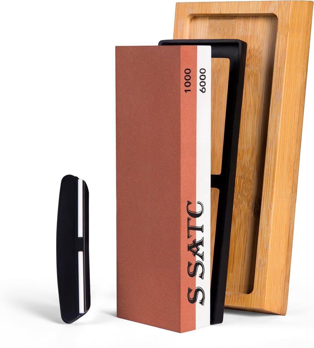 SnelShoppen - Whetstone Slijpsteen Dubbelzijdig 1000/6000 Grit voor Keukenmessen met Antislip Houten Basis en Hoekgids