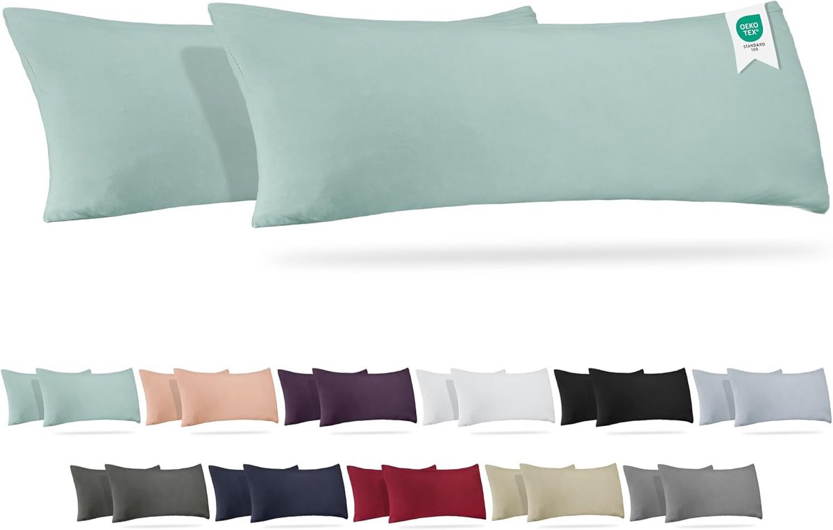 SnelShoppen - Set van 2 zijslaper kussenhoezen 40x145 cm - 165 g/m² Oeko-Tex gecertificeerd - 100% jersey katoen met rits - Groene kussenhoezen voor s