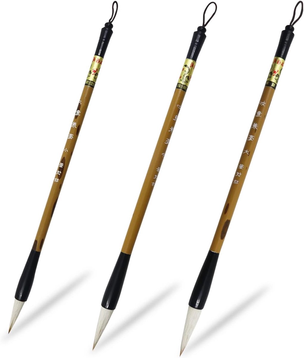 SnelShoppen - Chinese Schrijven Pens - Calligraphy Brush Set met 3 Maten, Handgemaakte Sumi Pens, Bamboe Houder, Traditionele Chinese Inkt Pens voor K