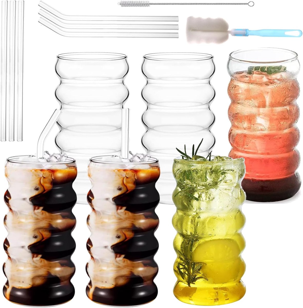 SnelShoppen - Set van 6 Ribbelglazen 450 ml met Bubble Glazen Rietjes voor Iced Coffee, Water, Dranken, Sap, Inclusief Borstel